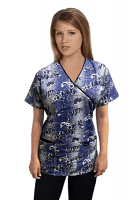 Printed scrub set mock wrap 5 pocket half sleeve in Blue And White Flower Print With Black Piping (top 3 pocket with black bottom 2 pocket boot cut)