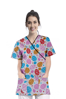 Celebration printed Scrub Set Mock Wrap With Black Piping 5 Pocket Half Sleeves (Top 3 Pockets With Bottom 2 Pockets Boot cut)