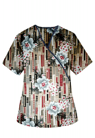 Top mock wrap 3 pocket half sleeve in Flower and Shapes Print with black piping
