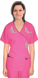 Poplin Stylish top silver butterfly mock wrap top 3 pocket half sleeve (65% Polyester, 35% Cotton)