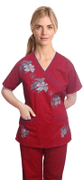 Scrub set with mock wrap crystal print 5 pocket half sleeves (top 3 pocket with bottom 2 pocket boot cut)