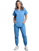 Poplin Unisex Jogger Scrub Set 4 Pockets Half Sleeves, Top 2 Lower Pockets and Jogger Pant 2 Side Pockets with Full Elastic Waistband and Drawstring (Twill White) Both  in (65% Polyester, 35% Cotton fabric)