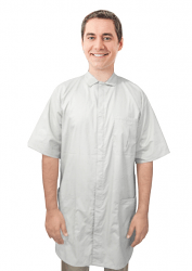 Poplin Labcoat Shirt Collar  unisex half sleeve snap buttons  with covered placket 3 pockets solid pleated (35 perc cotton 65 perc polyester) in 36 38 40 42 inch lengths ( RK )