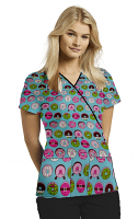 Donut Print Scrub Set Mock Wrap With Black Piping 5 Pocket Half Sleeves (Top 3 Pockets With Black Bottom 2 Pockets Boot cut)