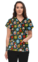 Santa and Penguin Printed Scrub Set Mock Wrap With Black Piping 5 Pocket Half Sleeves (Top 3 Pockets With Bottom 2 Pockets Boot cut)