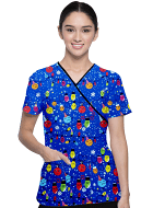 Happy Lights Printed Top mock wrap 3 pocket half sleeve with black piping Interlock Stretch Fabric 100% polyester