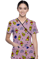 Pooh Printed Top mock wrap 3 pocket half sleeve with black piping Interlock Stretch Fabric 100% polyester