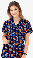 Dog Print Top mock wrap 3 pocket half sleeve with black piping in Interlock Stretch Fabric 100% 