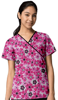 Pink Flowers Print Top mock wrap 3 pocket half sleeve with black piping Interlock Stretch Fabric 100% polyester