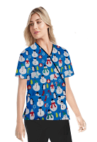 Snowman Print Scrub Set Mock Wrap With Black Piping 5 Pocket Half Sleeves (Top 3 Pockets With Bottom 2 Pockets Boot cut) in Interlock Stretch Fabric 100% Polyester