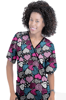 Magical Hearts Printed Top mock wrap 3 pocket half sleeve Ladies with black piping