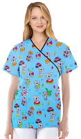 Teddy Bear Print Top mock wrap 3 pocket half sleeve with black piping in Interlock Stretch Fabric 100% Polyester
