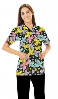 Multicolor Butterflies print Scrub Set Mock Wrap With Black Piping 5 Pocket Half Sleeves (Top 3 Pockets With Black Bottom 2 Pockets Boot cut)