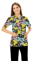 Multicolor Butterflies print Top V Neck 2 Pocket Half Sleeve ladies