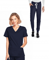 Stretch Jogger Scrub Set 4 pockets solid ladies half sleeves (2 pockets top and 2 side pockets jogger pant) in 35% Cotton 60% Polyester 5% Spandex / 9Colors / Sizes  XXS-14XL