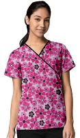 Pink Flowers Print Scrub Set Mock Wrap With Black Piping 5 Pocket Half Sleeves (Top 3 Pockets With Bottom 2 Pockets Boot cut)
