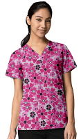 Pink Flowers Print Scrub Set 4 Pockets Ladies Half Sleeves (2 Pockets Top and 2 Pockets Pant)