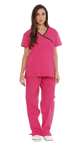 Stretchable Scrub Set Mock Wrap 5 pocket solid half sleeve  (top 3 pocket with bottom 2 pocket boot cut) in 35% Cotton 63% Polyester 2% Spandex