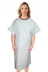 Patient gown 1 chest pocket half sleeve back open tie-able, Green Square Print, Sizes XS-9X