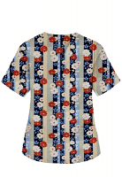 Top v neck 2 pocket half sleeve in Red and Beige flowers with blue background ladies