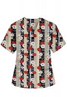 Top v neck 2 pocket half sleeve in Red and Beige flowers with Grey backgroud