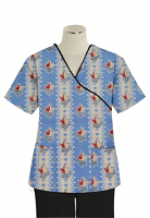 Printed scrub set mock wrap 5 pocket half sleeve in Red And Peach Tulip Print With Black Piping  (top 3 pocket with bottom 2 pocket boot cut)