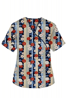 Printed scrub set mock wrap 5 pocket half sleeve in Red and Beige flowers with blue background with black piping  (top 3 pocket with black bottom 2 pocket boot cut)