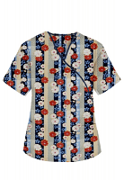 Top mock wrap 3 pocket half sleeve in Red and Beige flowers with blue background with Black Piping in POPLIN FABRIC (65% POLYESTER, 35% COTTON)