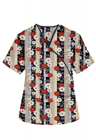 Top mock wrap 3 pocket half sleeve in Red and Beige flowers with Grey backgroud with Black Piping in POPLIN FABRIC (65% POLYESTER, 35% COTTON)