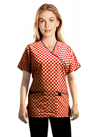 Top mock wrap 3 pocket half sleeve in Red Square with black piping in POPLIN FABRIC (65% POLYESTER, 35% COTTON)