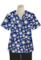 Top v neck 2 pocket half sleeve in Blue Fire Work Print ladies