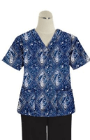 Top v neck 2 pocket half sleeve in Blue with Pink Classical Print 