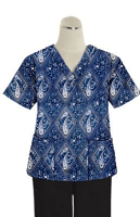 Top v neck 2 pocket half sleeve in Blue with Pink Classical Print Ladies