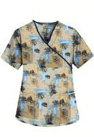 Top mock wrap 3 pocket half sleeve in Turquoise and Black Obstract art with black piping in POPLIN FABRIC (65% POLYESTER, 35% COTTON)