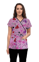 Hearts and Butterflies Print Scrub Set Mock Wrap With Black Piping 5 Pocket Half Sleeves (Top 3 Pockets With Bottom 2 Pockets Boot cut)
