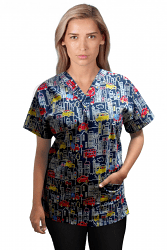 Printed scrub set 4 pocket ladies half sleeve Building And Bus Print (2 pocket top and 2 pocket black pant)