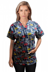 Top v neck 2 pocket half sleeve in Building And Bus Print