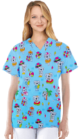 Teddy Bear Print Top V Neck 2 Pocket Half Sleeve in Interlock Stretch Fabric 100% Polyester