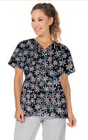 Festive Christmas Printed Top Mock Wrap Wth Black Piping 3 Pocket Half Sleeve in POPLIN FABRIC (65% POLYESTER, 35% COTTON) 