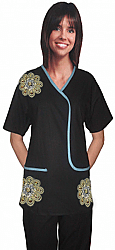 Poplin Stylish top big golden flower L style top 2 pocket half sleeve (65% Polyester, 35% Cotton)