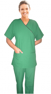 A_side mockwrap scrub set 4 pocket solid ladies half sleeve with snap buttons with welt pockets(2pkt top, 2pkt bootcut pant) in 65% Polyester 35% Cotton