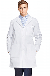 Poplin labcoat unisex full sleeve with plastic buttons 3 front pockets with side inside pockets(access to pockets from side)  (35 perc cotton 65 perc polyester)  in 36 38 40 42 lengths