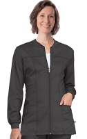 Stretchable Scrub Jacket with Front and Back Horizontal Vertical Piping 2 Pockets Solid Ladies Full Sleeves with RIB and Zip in 35% Cotton 63% Polyester 2% Spandex