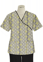 Printed scrub set mock wrap 5 pocket half sleeve in Yellow petal and Grey print Print With Black Piping  (top 3 pocket with bottom 2 pocket boot cut)