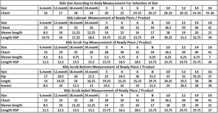 RMF Scrubs Size Chart for Scrubs & Nursing Uniforms