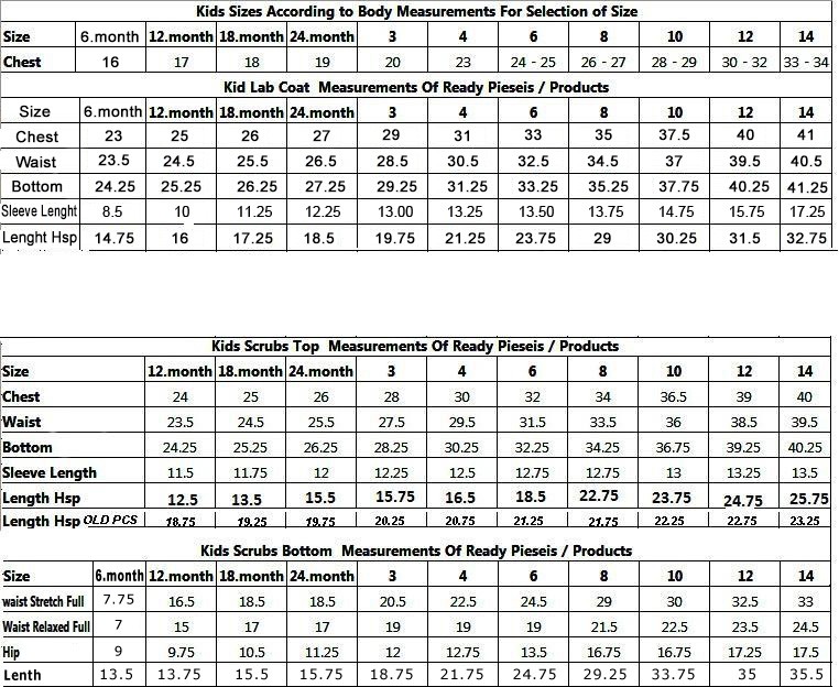 Unisex Scrub Size Chart